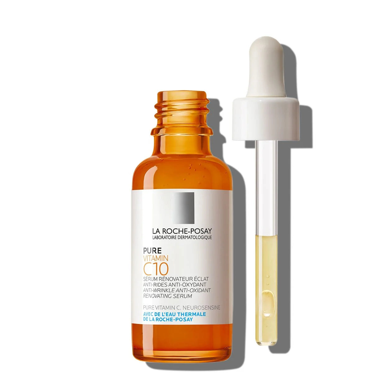 La Roche-Posay Vitamin C10 Serum bottle with dropper showing light yellow serum inside