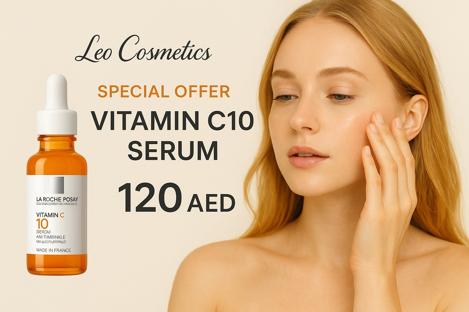 La Roche-Posay Vitamin C10 Serum bottle with a woman gently touching her face in skincare promotion